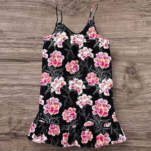 Roxy Black and Pink Floral Sundress with Ruffle Hem and Spaghetti Straps XS